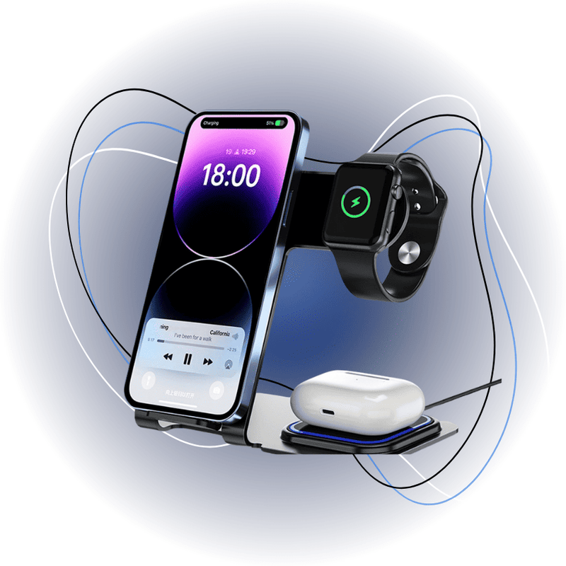 Base de Carregamento 3 em 1 por Indução para Smartwatch, Celular e Fone Bluetooth