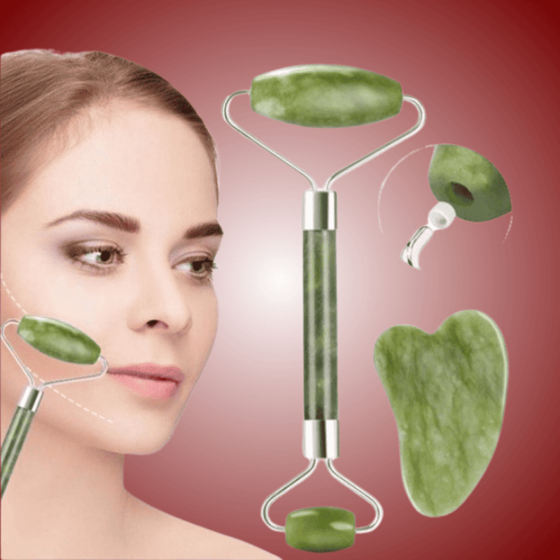 Rolo de Pedra de Jade e Placa Gua Sha - Massagem Facial Anti-Rugas