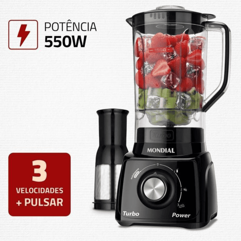 Liquidificador Mondial Turbo Power L-99 FB Preto com 3 Velocidades e Filtro - 550W, 220V