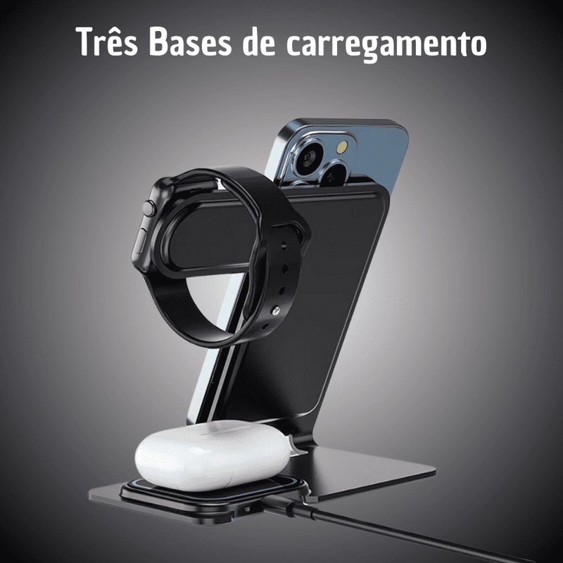 Base de Carregamento 3 em 1 por Indução para Smartwatch, Celular e Fone Bluetooth