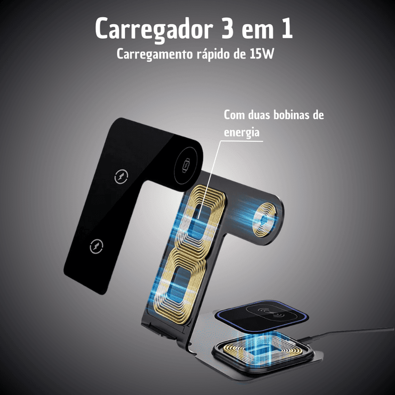 Base de Carregamento 3 em 1 por Indução para Smartwatch, Celular e Fone Bluetooth