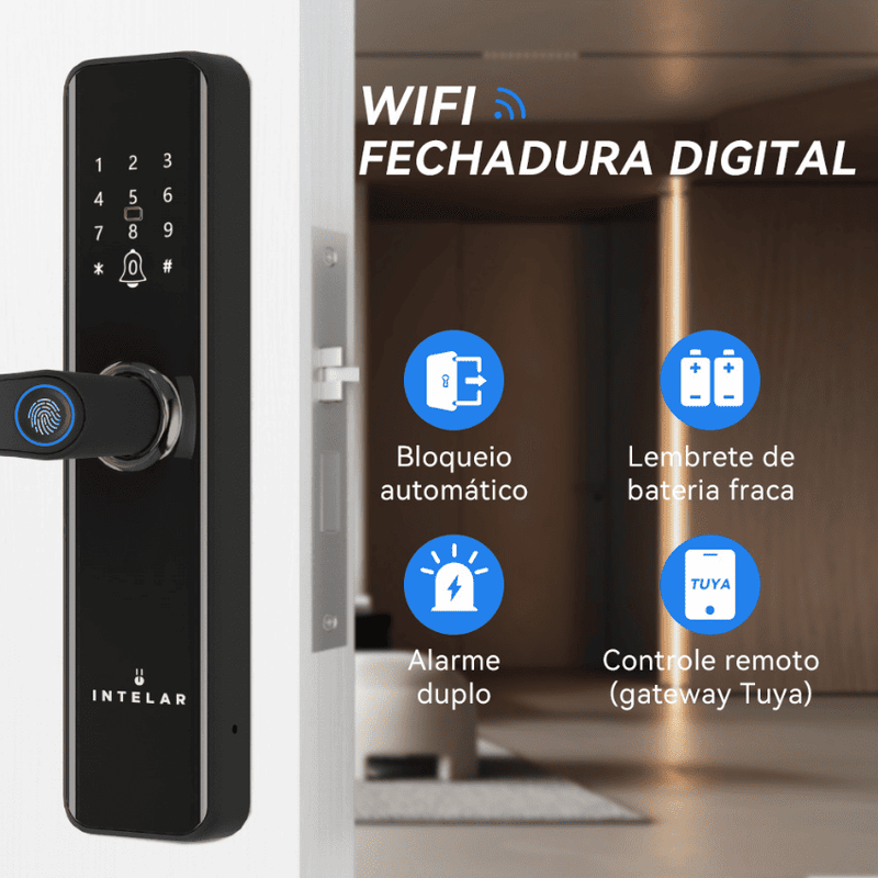 Fechadura Inteligente INTELAR Tuya WiFi com Biometria, Câmera e Controle Remoto