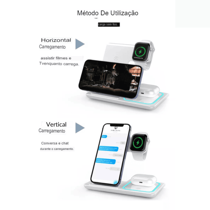 Base de Carregamento 3 em 1 por Indução para Smartwatch, Celular e Fone Bluetooth