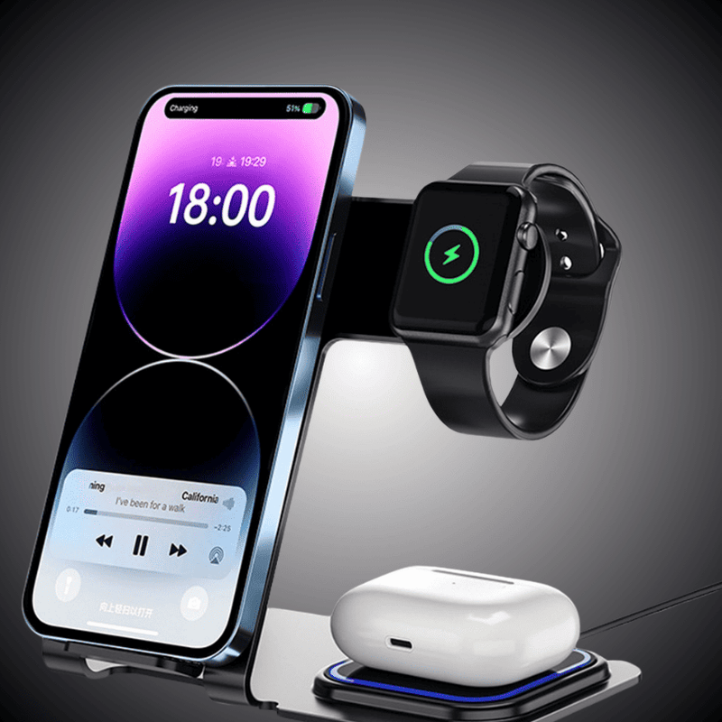 Base de Carregamento 3 em 1 por Indução para Smartwatch, Celular e Fone Bluetooth